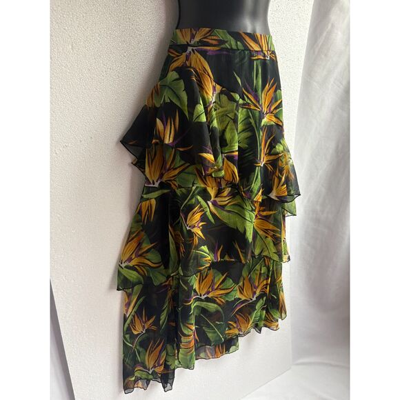 Asos Black Tropical Midi Skirt Tiered Chiffon Size 6 Romantic Flowy Date Floral - Picture 2 of 9